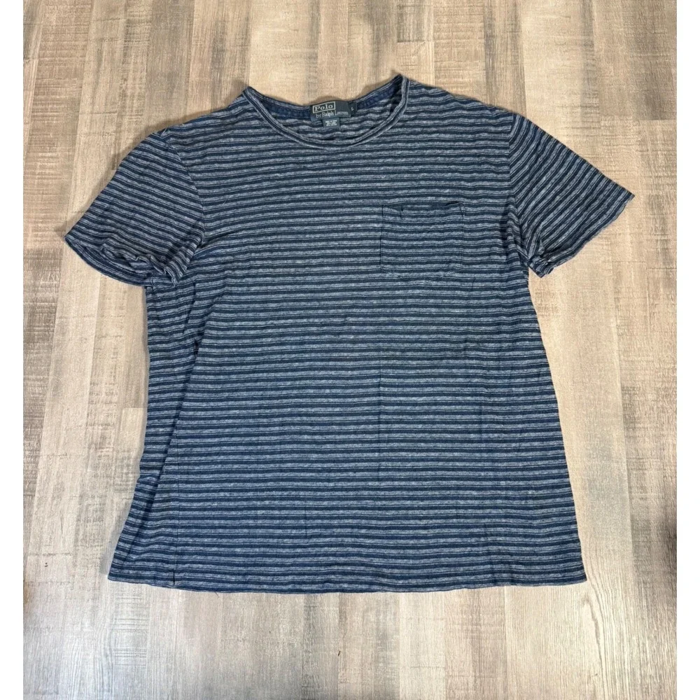 Vtg Polo Ralph Lauren Mens Blue Striped Linen Cotton Pocket T-Shirt Large Thin